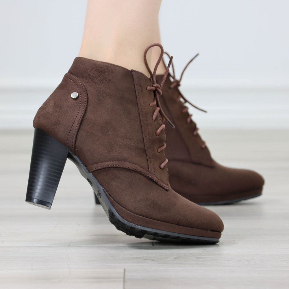 Womens Ankle Boots Lace Up Block Heel Booties Brown Faux Suede - Picture 3 of 11
